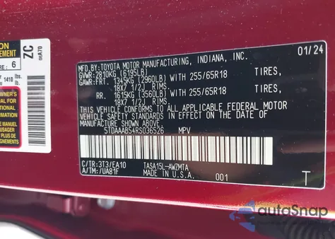 2024 Toyota Grand Highlander Xle/Limited/Platinum из США, поврежденный, VIN 5TDAAAB54RS036526